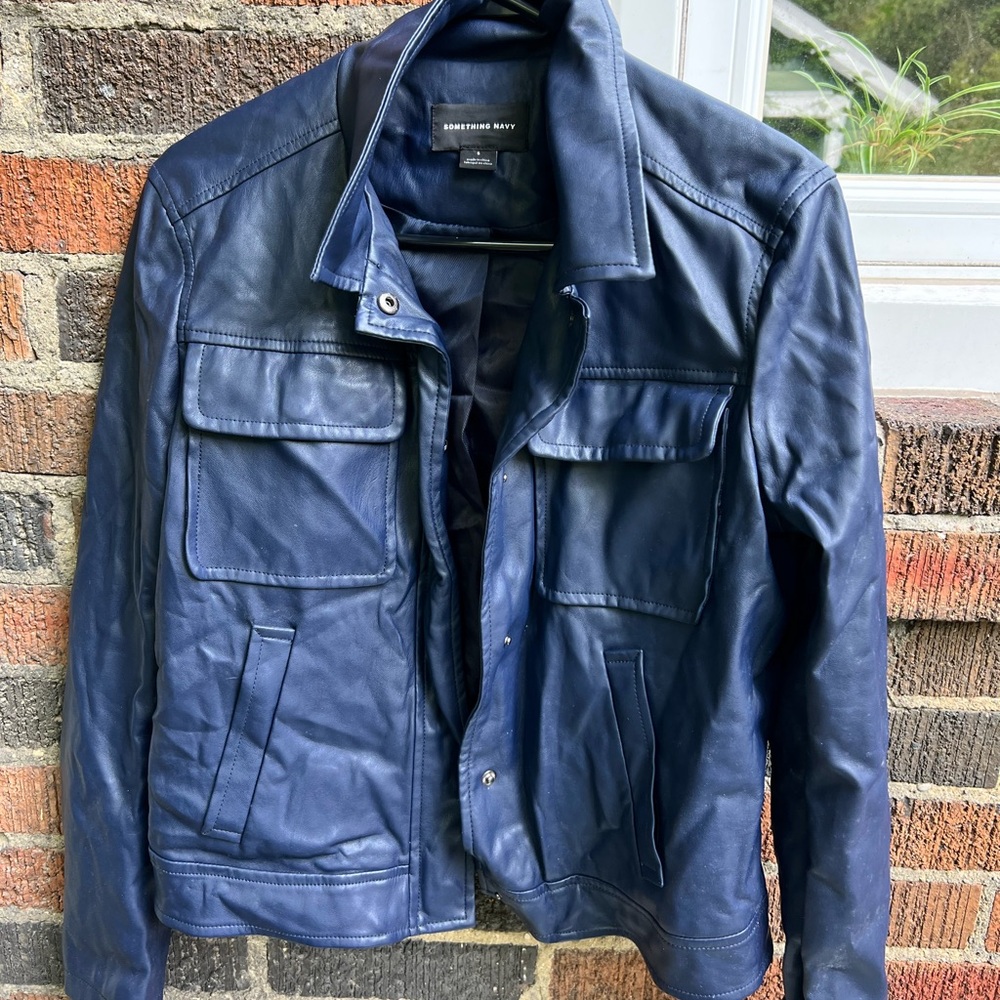 Something Navy Dark Blue Leather Field Jacket